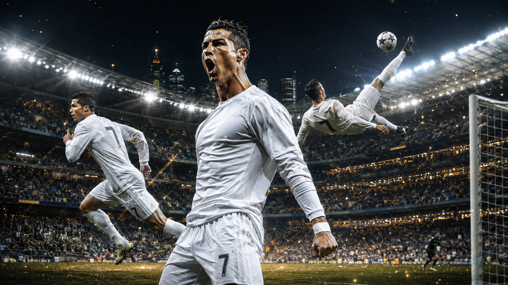 Cristiano Ronaldo en una composición editorial sobre sus récords y goles con el Real Madrid