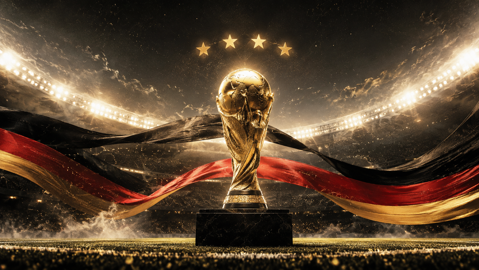 Alemania en los Mundiales representada por cuatro estrellas y un trofeo dorado