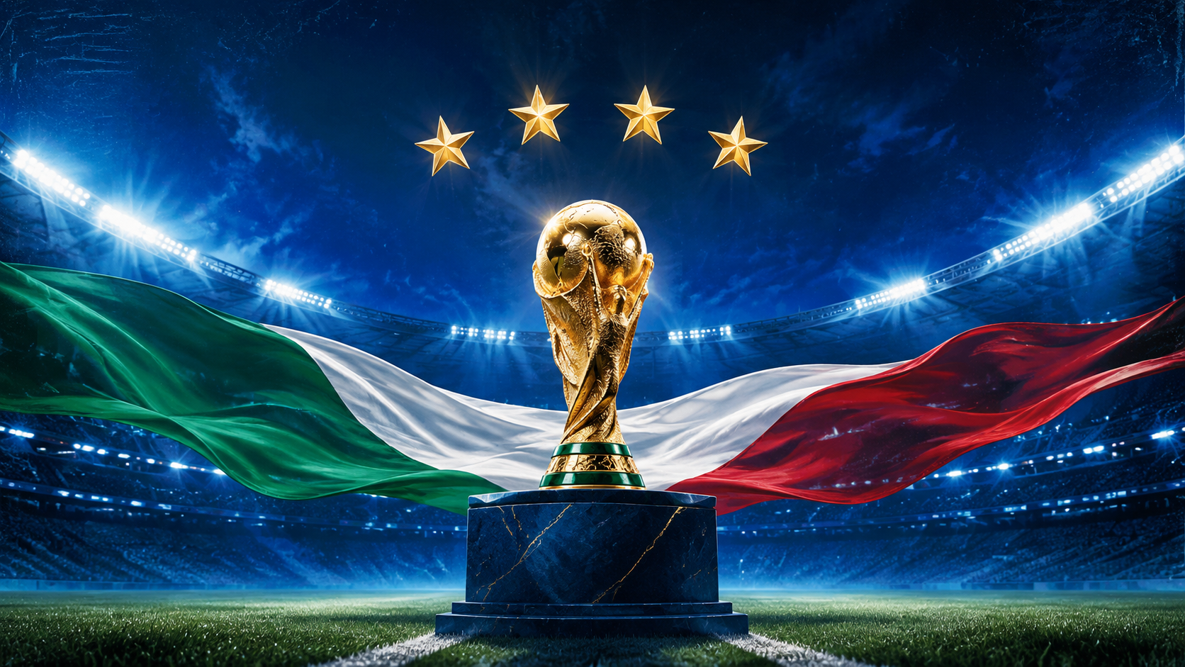 Italia en los Mundiales representada por cuatro estrellas y un trofeo dorado