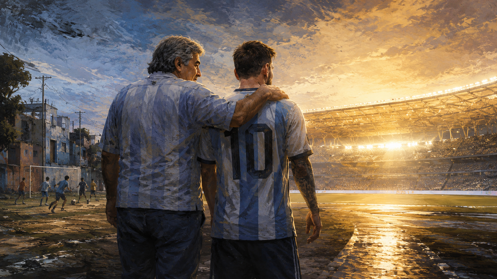 Ilustración editorial de Jorge Messi acompañando la carrera de Lionel Messi desde Rosario hasta la élite