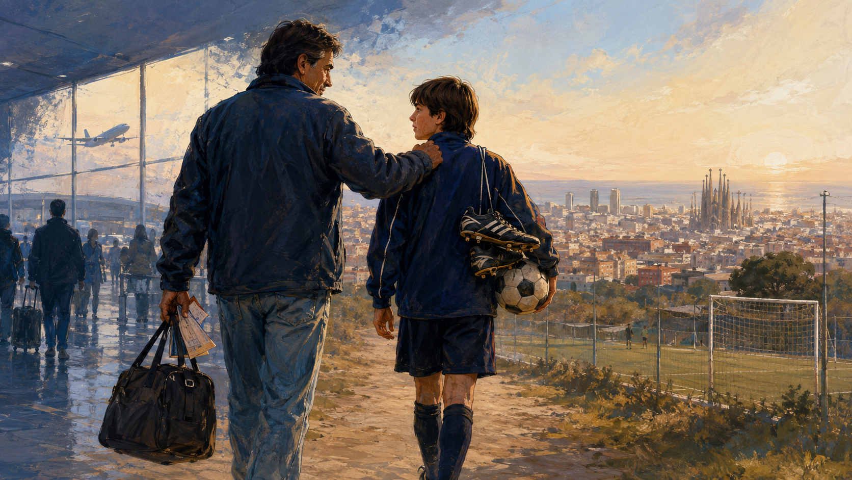 Ilustración editorial del viaje de Jorge y Lionel Messi de Rosario a Barcelona